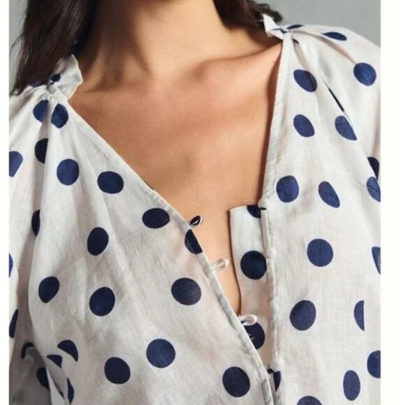 Maeve Anthropologie Linen Shirt Medium Blue Polka Dot Relaxed Button Dow Career - Picture 2 of 13